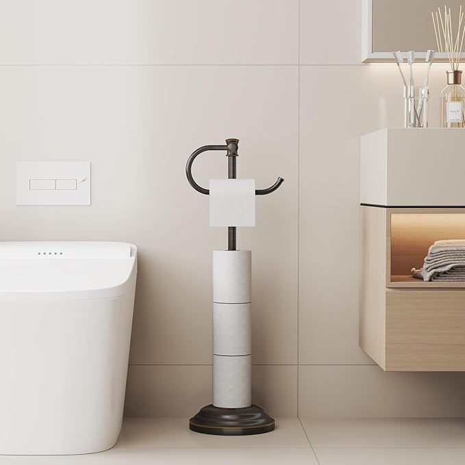 BESy Toilet Paper Holder Free Standing Bathroom Toilet Tissue Holder Stand for Floor Toilet Paper Roll Holder with Storage Hardware Accessories Rack Hand Towel Bar Oil Rubbed Bronze Stainless Steel