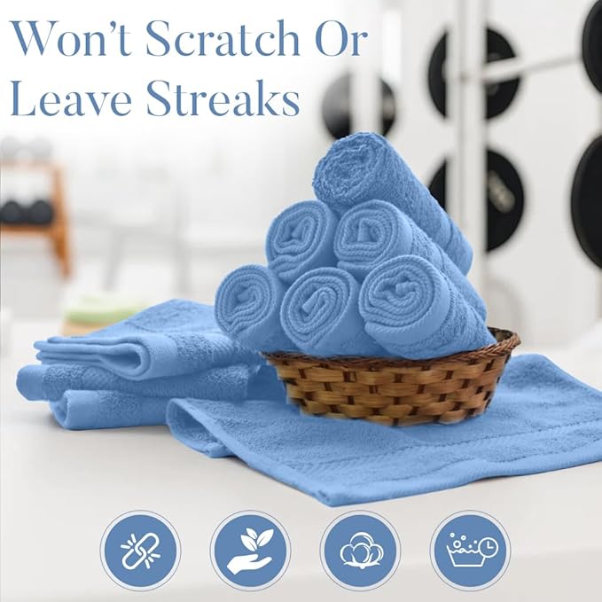 DAN RIVER 12-Pack Premium 100% Cotton Medium Blue Face Towels – Reusable Face Towel Set, Soft & Absorbent washcloths for Showering – Hand and Face Towels, 550 GSM (12x12 in)