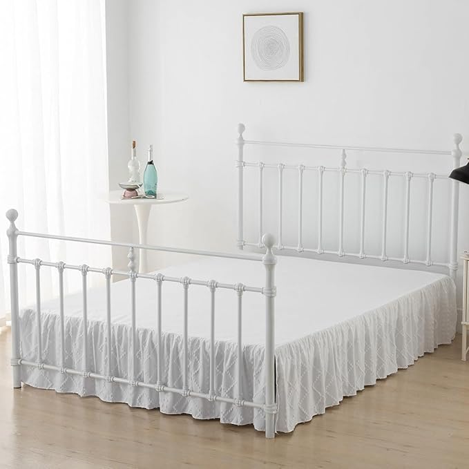 Bed Skirt Full Size Ruffled Bed Skirt with Split Corners, 14 Inch Drop Dust Ruffle Bed Skirts with Platform, Boho Tufted Shabby Chic Full Size Bed Skirts, White
