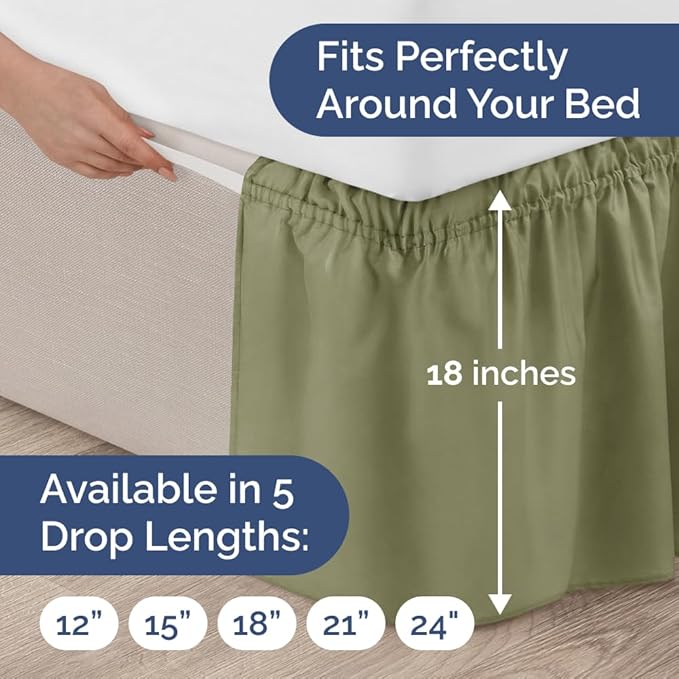 Wrap Around Dust Ruffle Bed Skirt - Sage Green - for King Size Beds with 18 Inch Drop - Elastic Strap - Adjustable Pleated Bedskirt with Brushed Fabric and Wrinkle Free - for Women, Men, Kids & Teens