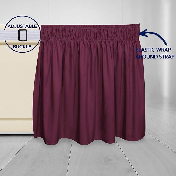 PureFit Wrap Around Ruffled Bed Skirt with Adjustable Elastic Belt - 14 Inch Drop Easy to Put On, Wrinkle Free Bedskirt Dust Ruffles, Bed Frame Cover for Twin,Twin XL and Full Size Beds, Wine