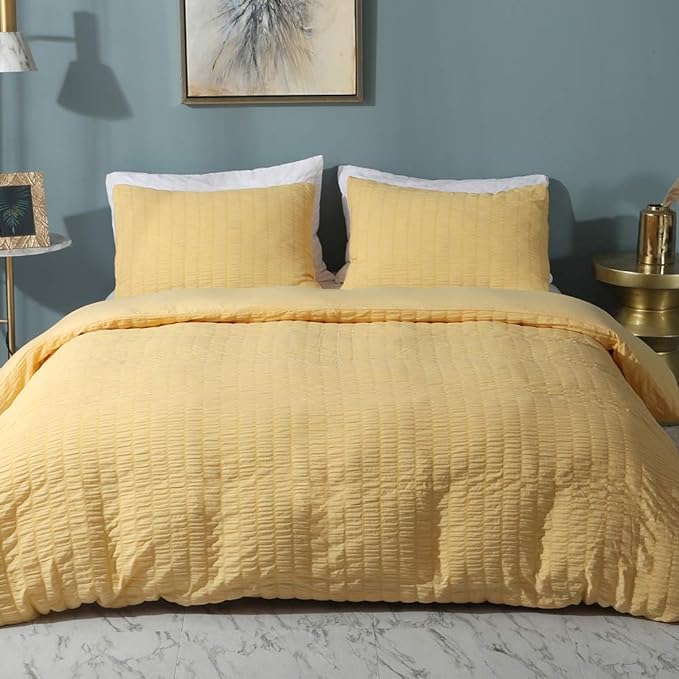 AveLom Seersucker Duvet Cover Set Queen Size (90 x 90 inches), 3 Pieces (1 Duvet Cover + 2 Pillow Cases), Yellow Ultra Soft Washed Microfiber, Textured Duvet Cover with Zipper Closure, Corner Ties