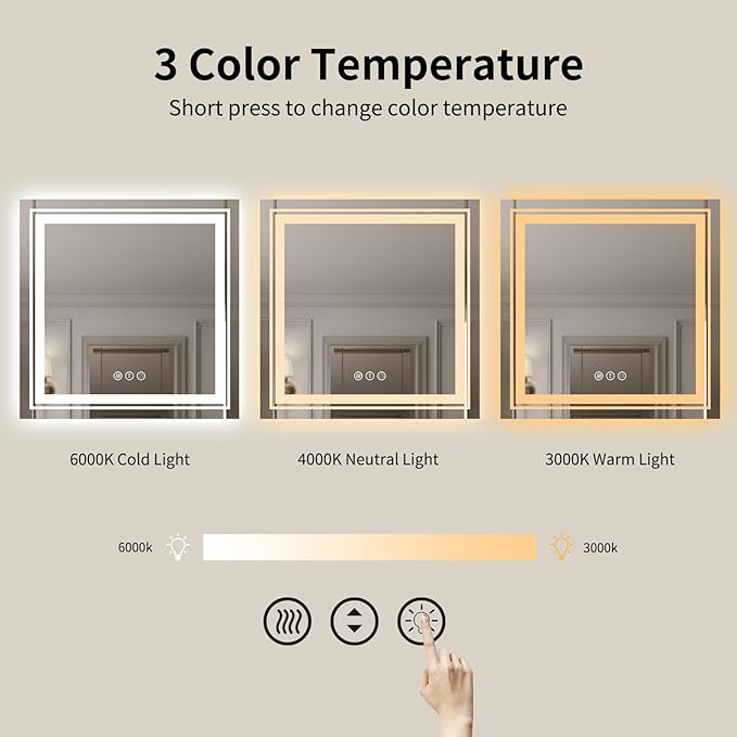 WTTY LED Bathroom Mirror 32"x32" with Backlit and Front Light,Stepless Dimmable LED Mirror for Bathroom,Anti-Fog Lighted Bathroom Vanity Mirror Modern for Wall,Memory Function,Shatter-Proof