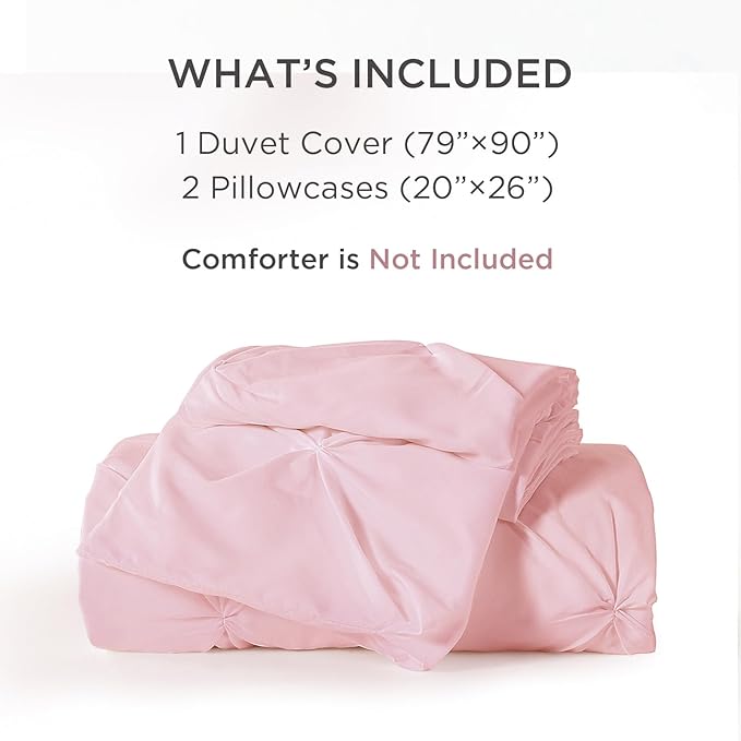Litanika Pink Pinch Pleat Duvet Cover Full(79x90Inch), 3 Pieces(1 Duvet Cover, 2 Pillowcases) Luxurious Pintuck Bedding Set, Soft Microfiber with Zipper Closure & Corner Ties