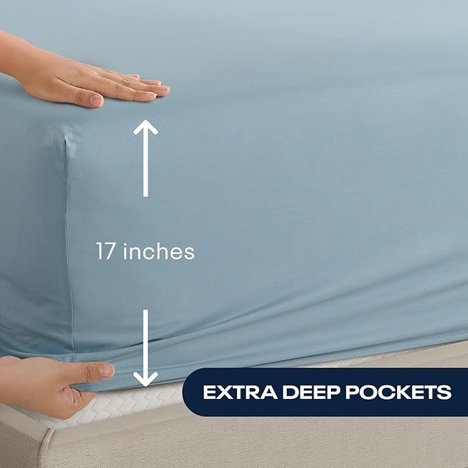 Reebok Queen Sheet Set from Tencel Eucalyptus - Soft, Cooling & Breathable for Hot Sleepers, Deep Pocket Up to 17 Inches, 4Pc Hotel Luxury Bedding Set, Bedsheet & Pillowcases (Niagara Mist, Queen)