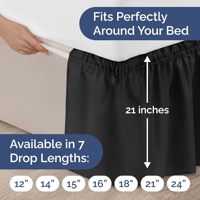 Wrap Around Dust Ruffle Bed Skirt - Black - for Queen Size Beds with 21 Inch Drop - Easy Fit Elastic Strap - Adjustable Pleated Bedskirt w/Brushed Fabric - Wrinkle Free - for Women, Men, Kids & Teens