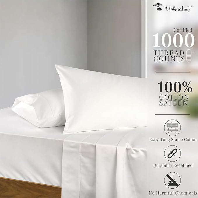 URBANHUT 1000 Thread Count Egyptian Cotton Sheets Twin Size, Long Staple Soft & Breathable, 3 Pc Bed Sheet Sets, Luxury Hotel Sateen Sheets Fits 16" Deep Pocket - White