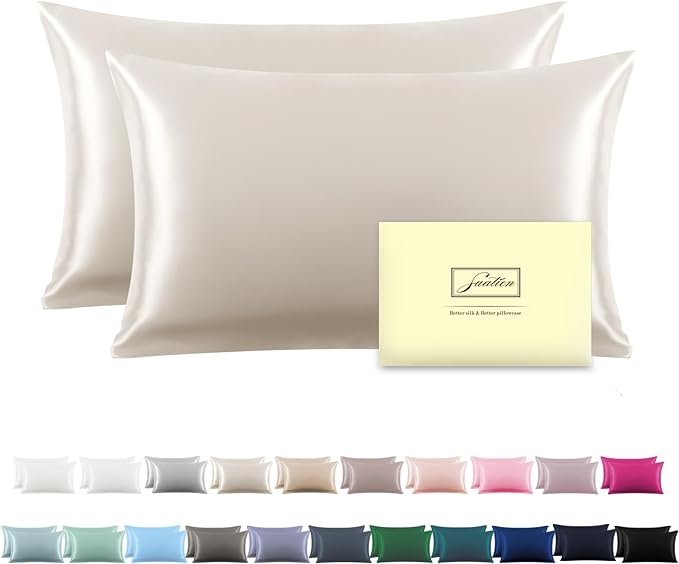 Silk Pillow Cases 2 Pack Soft Breathable and Sliky Queen Size Pillow Cases Set of 2,Natural Mulberry Satin Silk Pillowcase with Hidden Zipper for Hair and Skin (Beige,20"X 30",2pcs)