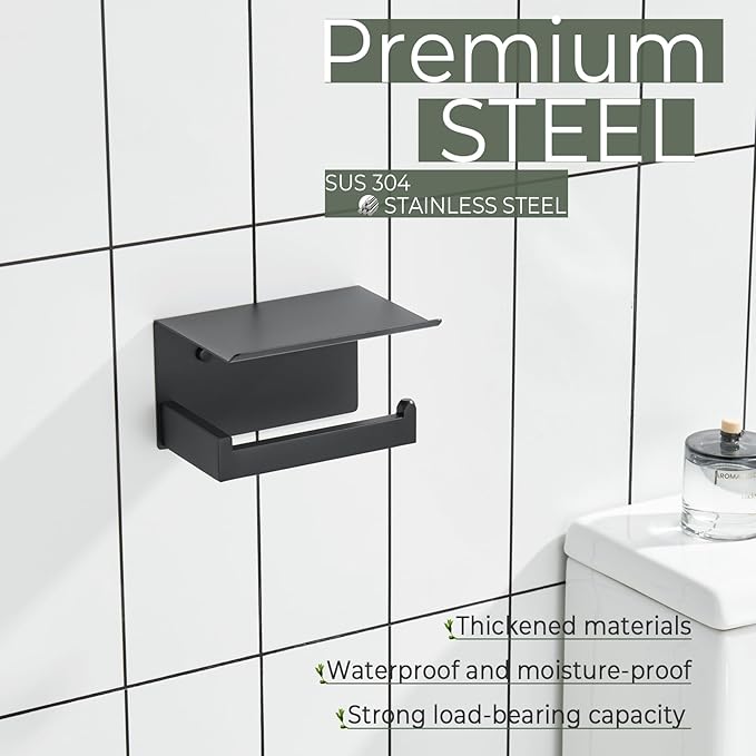 KOKOSIRI Black Toilet Paper Holders with Shelf Bathroom Toilet Paper Roll Holder Matte Black Stainless Steel Wall Mounted, 2 Pack, B2010BK-P2