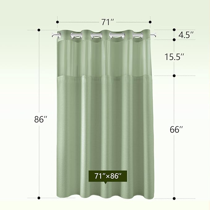 River Dream Sage Green Fabric Shower Curtain Set, Cotton Blend, Waffle Weave, with Snap in Replacement Liner，71 x 86 inches