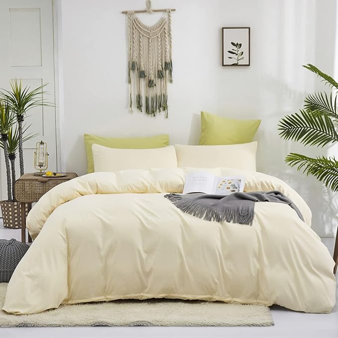 KAREVER Light Yellow Comforter Set Full Ivory Bedding Set Men Breathable Beige Bedding Set Women Soft Off White Ivory Bedding Comforter Set Full Size Comforter