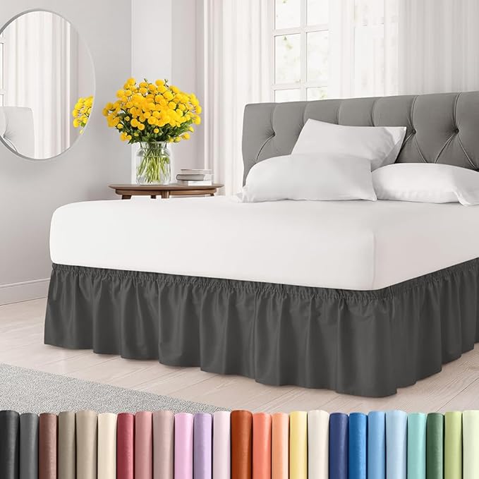 Wrap Around Dust Ruffle Bed Skirt - Charcoal - for Full Size Beds w/ 12 Inch Drop - Easy Fit Elastic Strap - Adjustable Pleated Bedskirt w/Brushed Fabric - Wrinkle Free - for Women, Men, Kids & Teens