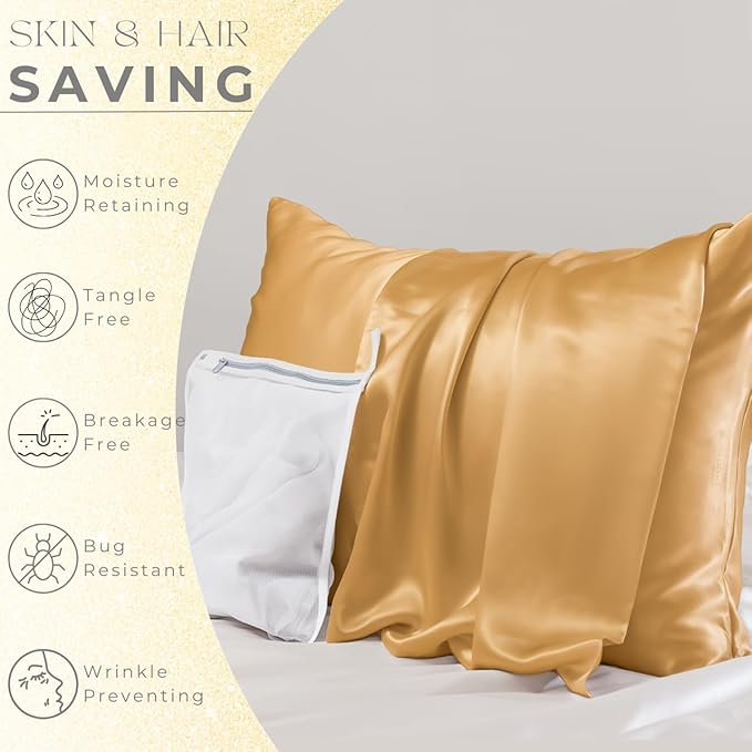 PROMEED 23 Momme Silk Toddler Pillowcase 2 Pack with Free Laundry Bag, Natural Highest Grade 6A+ 100% Mulberry Silk Pillow Case Set of 2, Zipper (Toddler/Travel 13"x18", Gold)