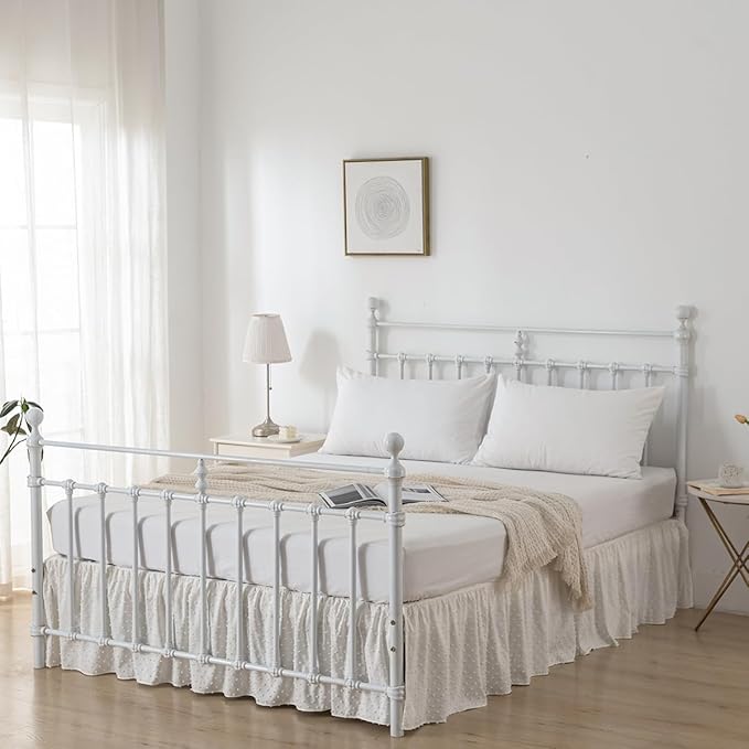 Tufted Dot Bed Skirt Full Size Ruffled Bed Skirt with Split Corners, 12 Inch Drop Dust Ruffle Bed Skirts with Platform, Ivory