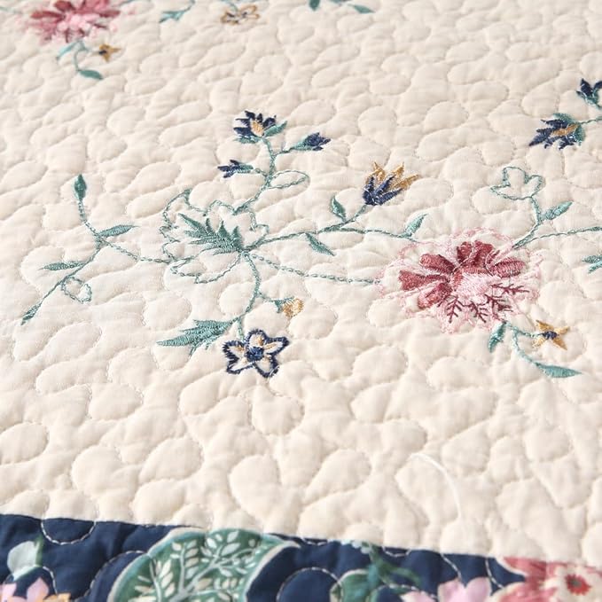 Quilt Set Floral Leaves 3D Embroidery Pattern 2 PCS Cotton Reversible Quilted Embroidered Decorative Bedspreads Coverlet Set, Lightweight &Soft Queen Size Beige Bedding Coverlet for All Season