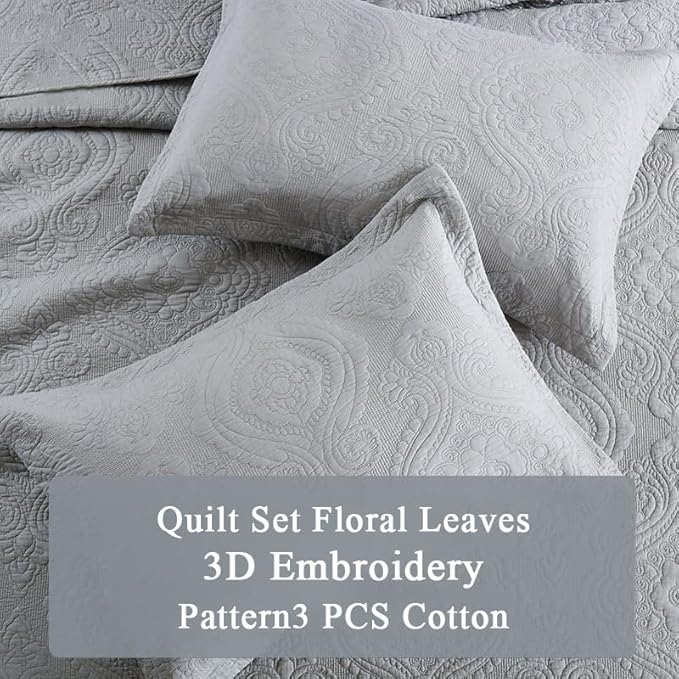 Quilt Set Floral Leaves 3D Embroidery Pattern 2 PCS Cotton Reversible Quilted Embroidered Decorative Bedspreads Coverlet Set, Lightweight &Soft Queen Size Beige Bedding Coverlet for All Season