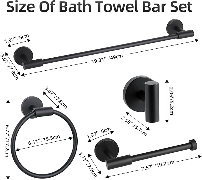 Matte Black Bathroom Hardware Accessories Set 10 Pieces, SUS304 Stainless Steel Bathroom Towel Bar Toilet Paper Holder Set Wall Mounted-19 Inch Towel Bar, Toilet Paper Holder, Towel Hook, Towel Ring