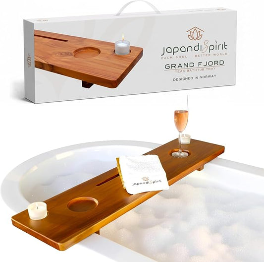 Grand Fjord Teak Bathtub Tray for Large Soaking Tub – Extra Long 35” Luxury Bath Tray for Freestanding Tubs with Candle Holders, Tealight Jars & Premium Towel by JapandiSpirit