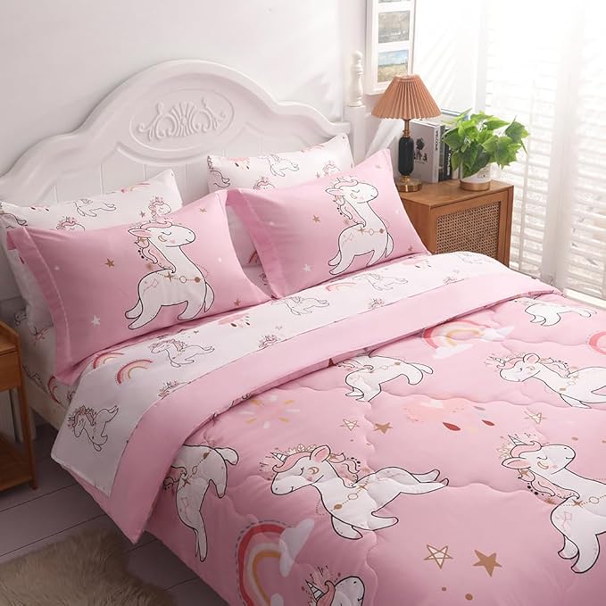 Wajade Kids Pink Unicorn Comforter Set Bed in A Bag Twin Size 7 Piece Cute Unicorn Rainbow Clouds Bedding Set for Girls (1 Comforter, 1 Flat Sheet, 1 Fitted Sheet, 2 Pillowcase and 2 Pillow Sham)
