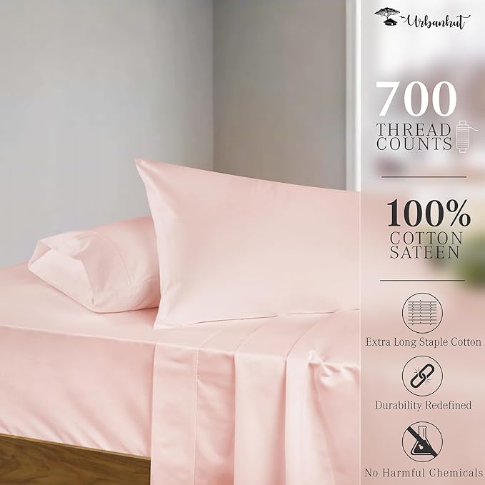 URBANHUT 700 Thread Count Queen Size Egyptian Cotton Sheets, 4Pc Sheet Set Soft Luxury Bed Sheets for Queen Size Bed, Sateen Weave Hotel Sheets, 16'' Elasticized Deep Pocket - Blush Pink
