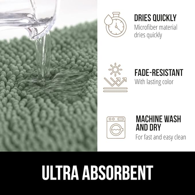 GORILLA GRIP Bath Rug Mat 60x24, Soft Absorbent Chenille, Quick Dry Microfiber Mats, Rubber Backing Washable Shower Floor Rugs, Bathmat Runner, US Designed Bathroom Home Decor Accessories Sage Green