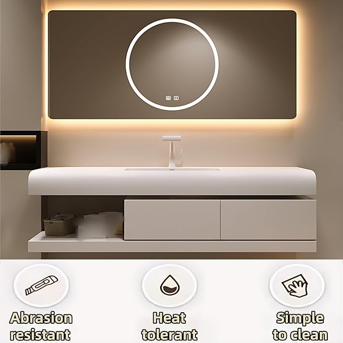 60IN Bathroom Vanity with Sink - Bathroom Cabinet Set has 2 Drawers & Overflow Hole Wall Mounted | LED Practical Defogging Mirror, Open Compartments, Seamless Rock Slab Basin (Coffee)