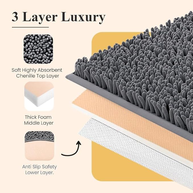 MAYSHINE Plush Shaggy Chenille Bath Mat | Extra Soft, Super Absorbent, Non-Slip Bathroom Rug | Fluffy Microfiber, Area Rug Sets for Bathroom Floor, Kitchen, Living Room | 47"x27" | Beige