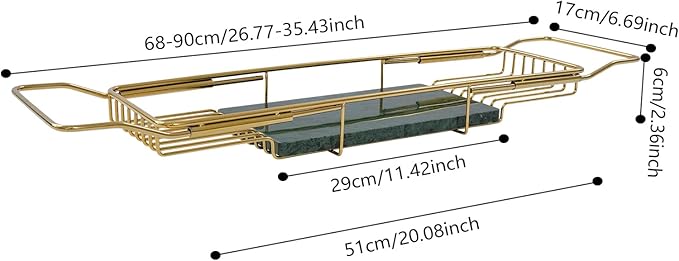 Bathtub Tray Caddy for Luxury Bath, Stainless Steel 26.8-35.4 in Expandable Extra Wide Bath Tub Tray with Natural Marble and Mobile/Tablet Stand, Ideal for Home Spa Lovers (Gold + Green)
