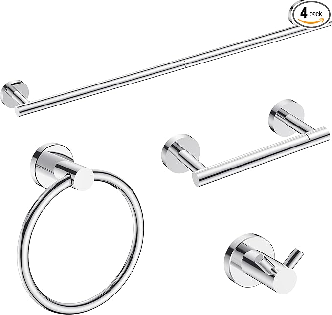 FORIOUS Bathroom Hardware Accessories Set, SUS304 Stainless Steel 24 Inch Towel Bar Set, Modern Towel Racks Holder for Bathroom Wall Mounted, 4 Pieces, Chrome