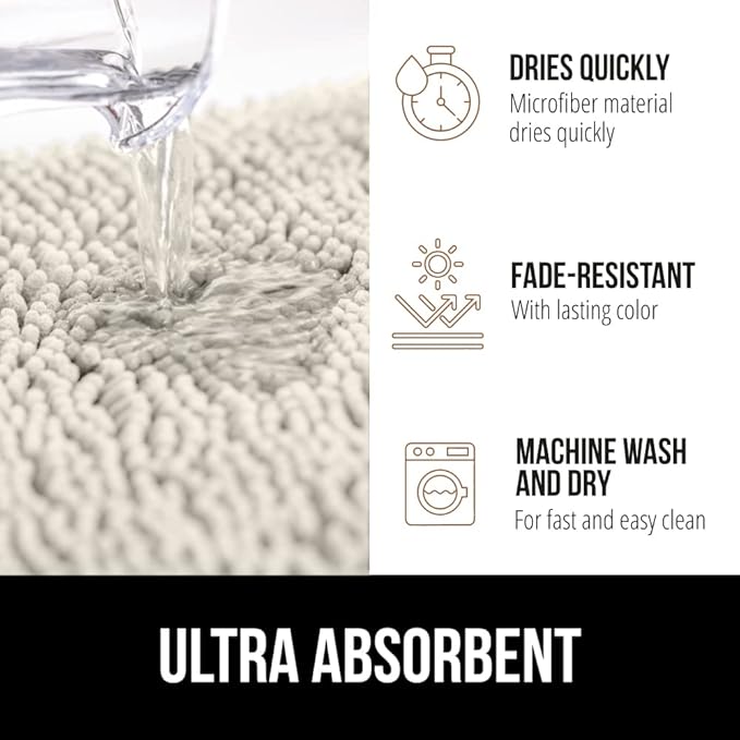 GORILLA GRIP Bath Rug Mat, Thick Soft Absorbent Chenille, Quick Dry Microfiber Mats, Rubber Backing Washable Shower Floor Rugs, Bathmat Runner, US Designed Bathroom Home Decor Accessories 24x17, Ivory