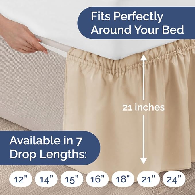 Wrap Around Dust Ruffle Bed Skirt - Cream - for Full Size Beds with 21 Inch Drop - Easy Fit Elastic Strap - Adjustable Pleated Bedskirt w/Brushed Fabric - Wrinkle Free - for Women, Men, Kids & Teens