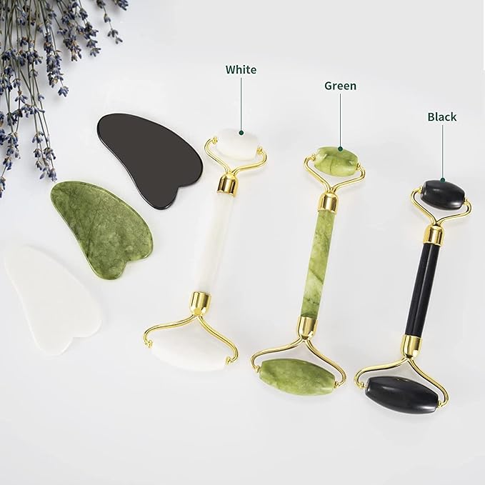 Jade Roller & Gua Sha Set - Facial Skin Care Set, Facial Beauty Tools, Natural Beauty Skin Care Tools, Face Roller Massager for Face, Neck, and Eye Treatment，Gua Sha Facial Massager (White)