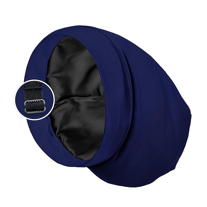 Satin Lined Sleep Cap Bonnet for Curly Hair and Braids, Stay On All Night Hair Wrap with Adjustable Strap for Women and Men, Navy Blue, Pack of 1