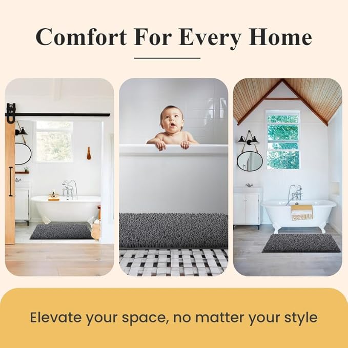 MAYSHINE Plush Shaggy Chenille Bath Mat | Extra Soft, Super Absorbent, Non-Slip Bathroom Rug | Fluffy Microfiber, Area Rug Sets for Bathroom Floor, Kitchen, Living Room | 32"x20" | Beige