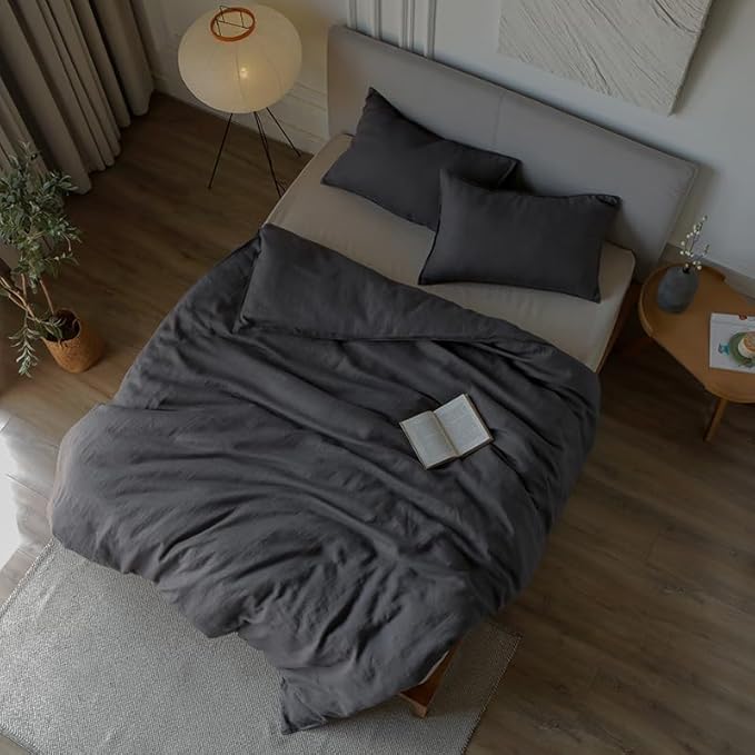 XZ XIFA Dark Grey 100% Linen Duvet Cover Queen Size Bedding Set, Cooling Duvet Cover with Natural Washed French Flax, Soft, Breathable, Textured Duvet Cover (1 Duvet Cover, 2 Pillowcases)