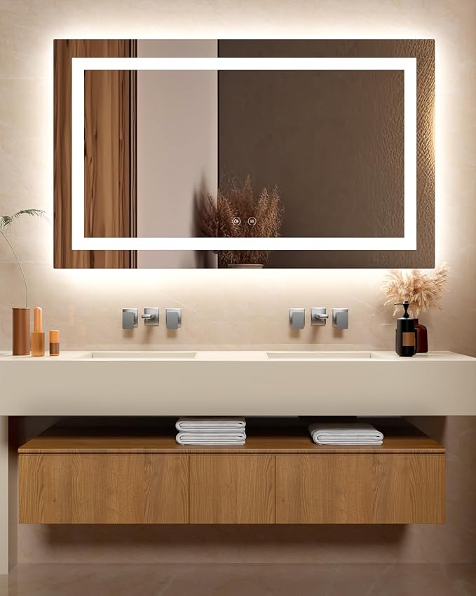 Ensenior LED Bathroom Mirror 60"x 36" with Front and Backlight, Stepless Dimmable Wall Mirrors with Anti-Fog, Shatter-Proof, Memory, 3 Colors, Modern LED Vanity Mirror-ETL & FCC