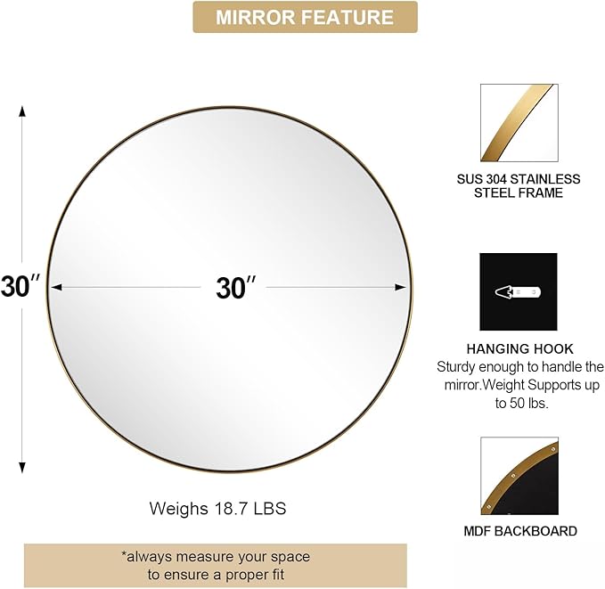 ANDY STAR Round Gold Mirror 30 inch, Brass Mirror with Brushed Gold Frame, Wall Mounted Stainless Steel Metal Frame Round Mirror for Bathroom, Living Room, Bedroom