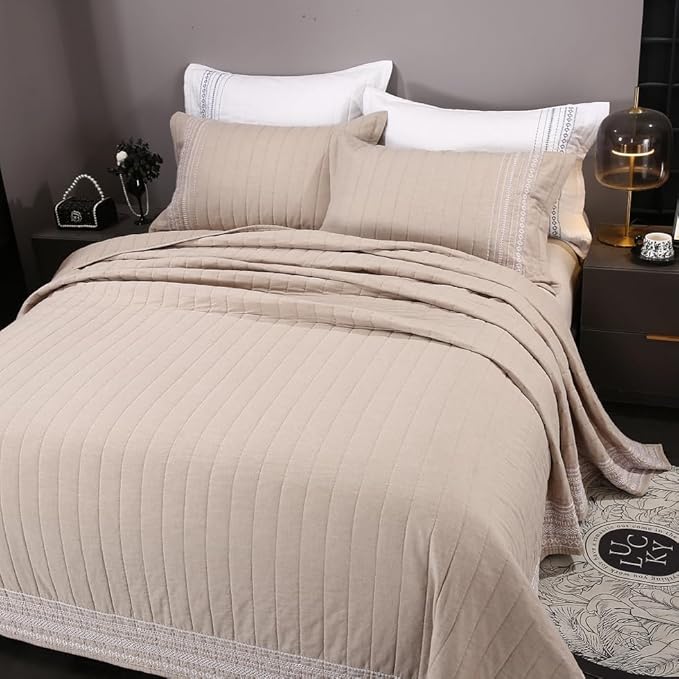 Quilt Set Floral Leaves 3D Embroidery Pattern 2 PCS Cotton Reversible Quilted Embroidered Decorative Bedspreads Coverlet Set, Lightweight &Soft Queen Size Beige Bedding Coverlet for All Season
