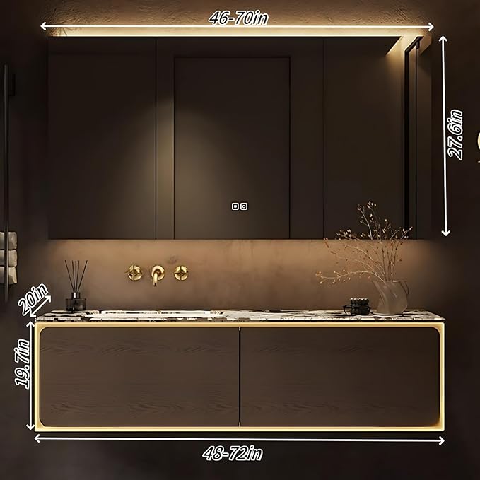 54IN Bathroom Vanity Set with a Single Sink - Embedded Sensor Light Strip & Large Capacity Floating Cabinet | Modern Bathroom Vanities with Defogging Mirror Surface & LED Lighting (Mirror Cabinet)