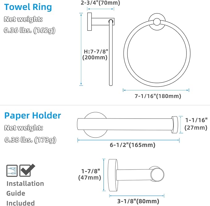 APLusee Matte Black 2 Pieces Bath Accessories Set, Hand Towel Ring and Toilet Paper Holder, Stainless Steel Bathroom Hardware, Wall Mounted