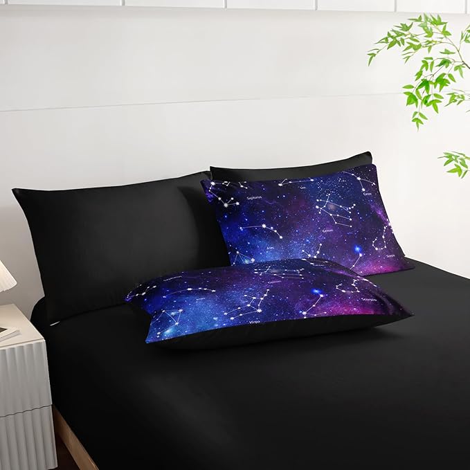 7pc Space Comforter Set - Galaxy Bedding, Starry Night Bed in a Bag, Includes Sheets, Soft Microfiber, All Season, Queen Size