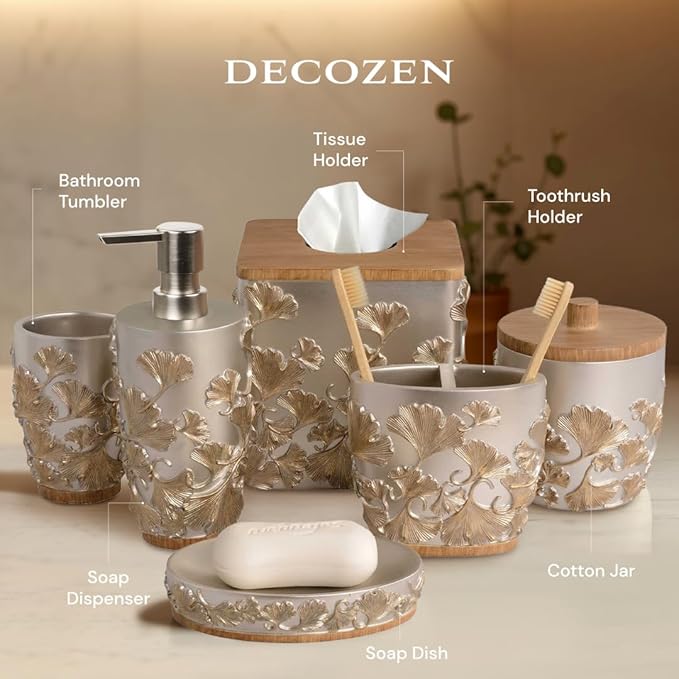 Decozen Bathroom Accessories Set 6Pcs – Soap Dispenser, Toothbrush Holder, Tumbler, Soap Dish & Cotton Swab Jar – Modern Bathroom Decor, Bath Set for Christmas Decor, Valencia
