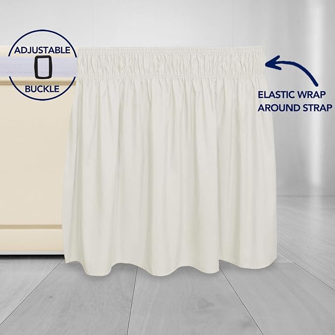 PureFit Wrap Around Ruffled Bed Skirt with Adjustable Elastic Belt - 14 Inch Drop Easy to Put On, Wrinkle Free Bedskirt Dust Ruffles, Bed Frame Cover for Queen, King and C-King Size Beds, Ivory
