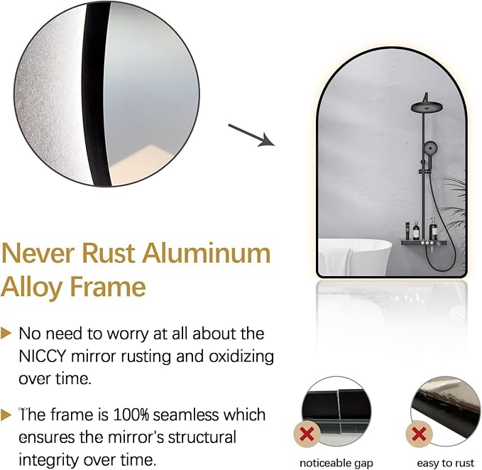Niccy Arched LED Lighted Bathroom Mirror, 40x30 Inch Backlit Vanity Bathroom Mirror with Lights Brushed Black Framed Wall Mounted Mirrors with 3 Color Shatterproof Arch Smart Fog Free Mirror