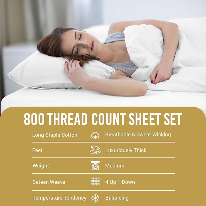 Pizuna Pure 100% Cotton Split King Sheet Set White, 800 Thread Count 100% Long Staple Cotton Split King Sheets for Adjustable Bed, 15" Deep Pocket Sheets (Combed Cotton Bed Sheets)