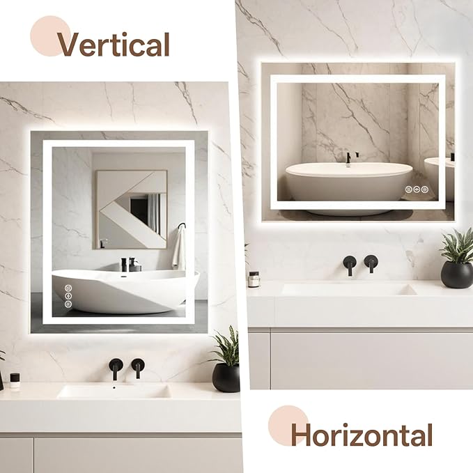 MISSDAY 28x32-inch LED Mirror - 3 Colors - Adjustable Brightness - Defogging - Smart Power-Off - Dual Orientation Mounting - Plug-in or Hardwired - Designed for Bathrooms and Vanity Areas