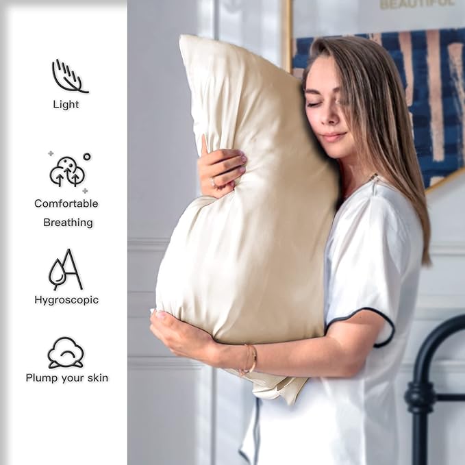 Natural Mulberry Silk Pillowcase for Hair and Skin Queen Size 20"X30" Silk Pillow Case with Hidden Zipper Soft Breathable Smooth Cooling Silk Pillow Covers for Sleeping(Champagne,Queen,1Pcs)