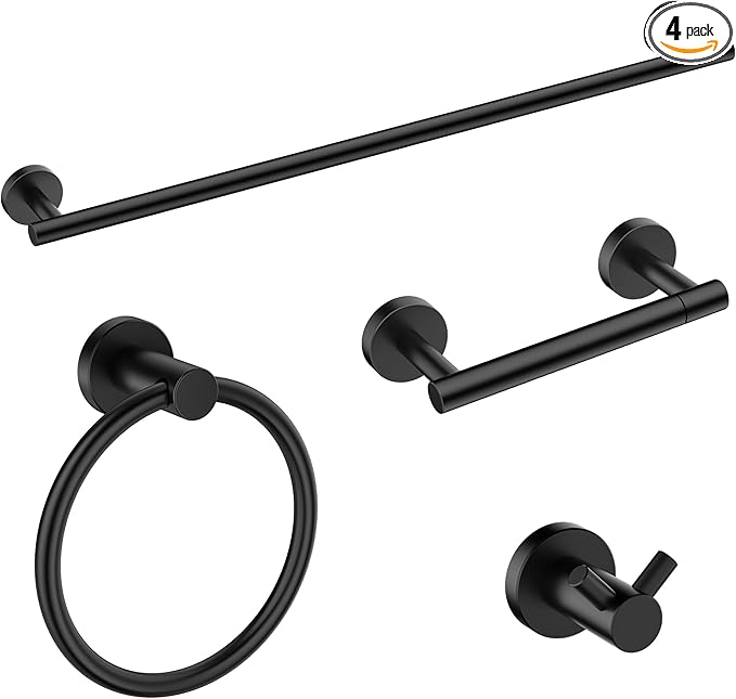 FORIOUS Bathroom Hardware Accessories Set, SUS304 Stainless Steel 24 Inch Towel Bar Set, Modern Towel Racks Holder for Bathroom Wall Mounted, 4 Pieces, Matte Black