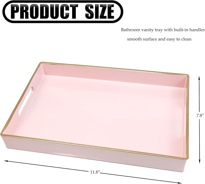Spsyrine Pink Bathroom Vanity Tray with Handles for Dresser Tops, Countertop, Perfume Decorative Tray, 11.8” * 7.87” *1.37”