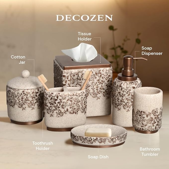 Decozen Bathroom Accessories Set 6Pcs – Soap Dispenser, Toothbrush Holder, Tumbler, Soap Dish & Cotton Swab Jar – Modern Bathroom Decor, Bath Set for Christmas Decor